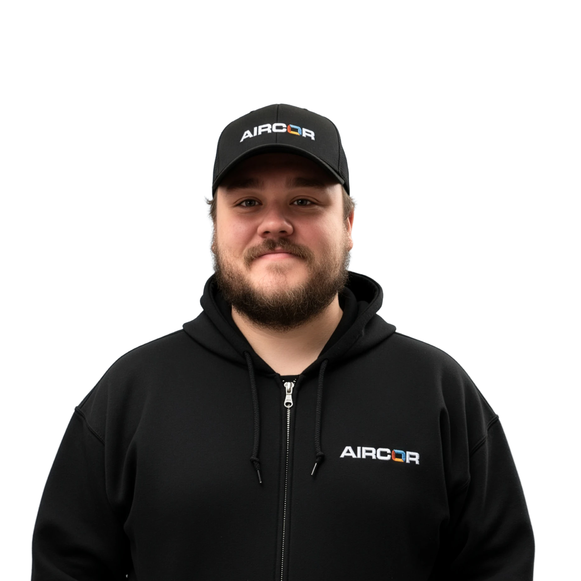 Man with beard wearing a black Aircor cap and matching black Aircor zip-up hoodie.