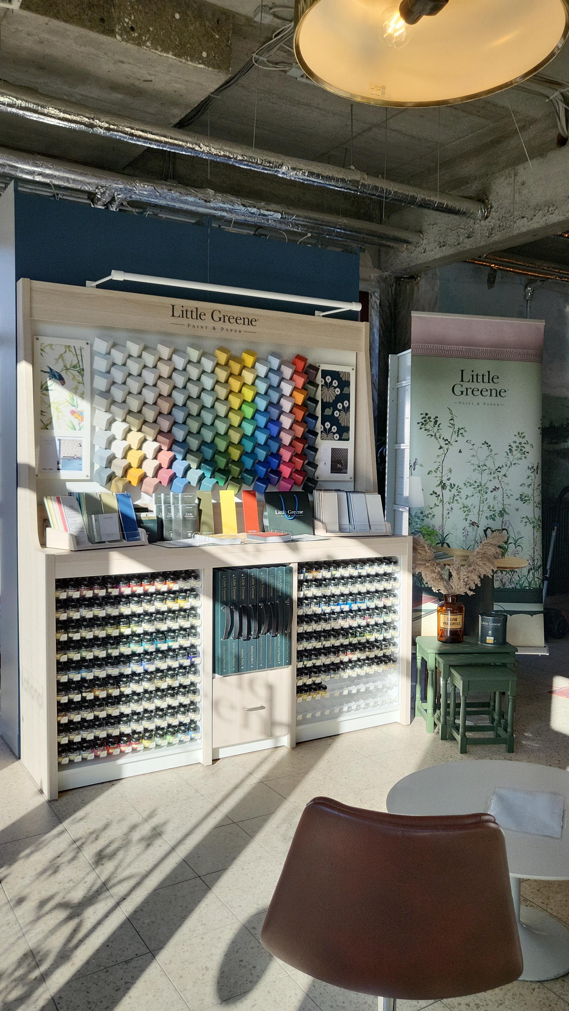 Installed Little Greene paint display with colour cards and shelving.