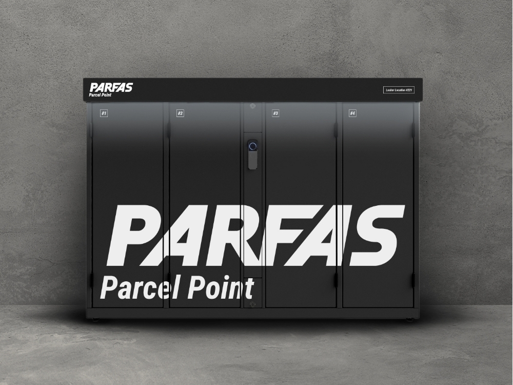 Parfas Touch Point branding applied to locker panel before installation.