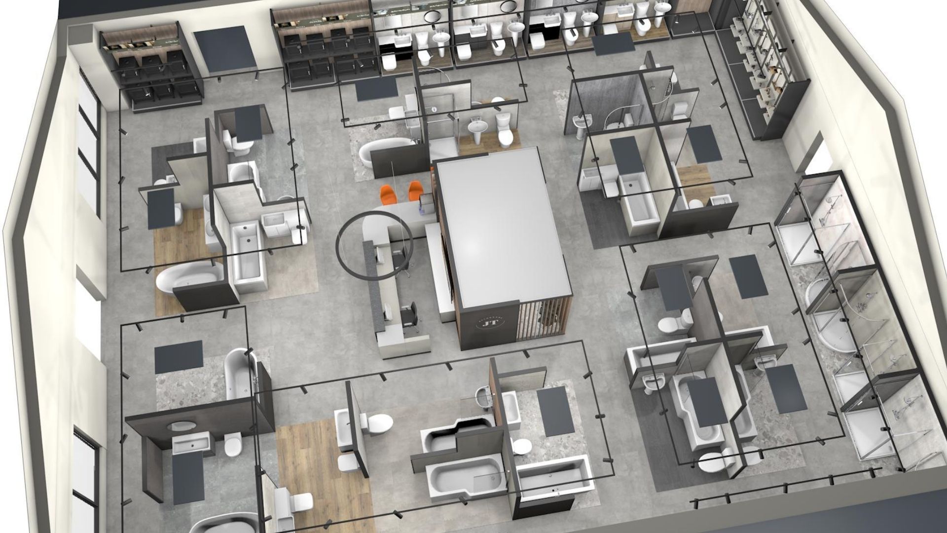 3D plan view of bathroom showroom with display bays