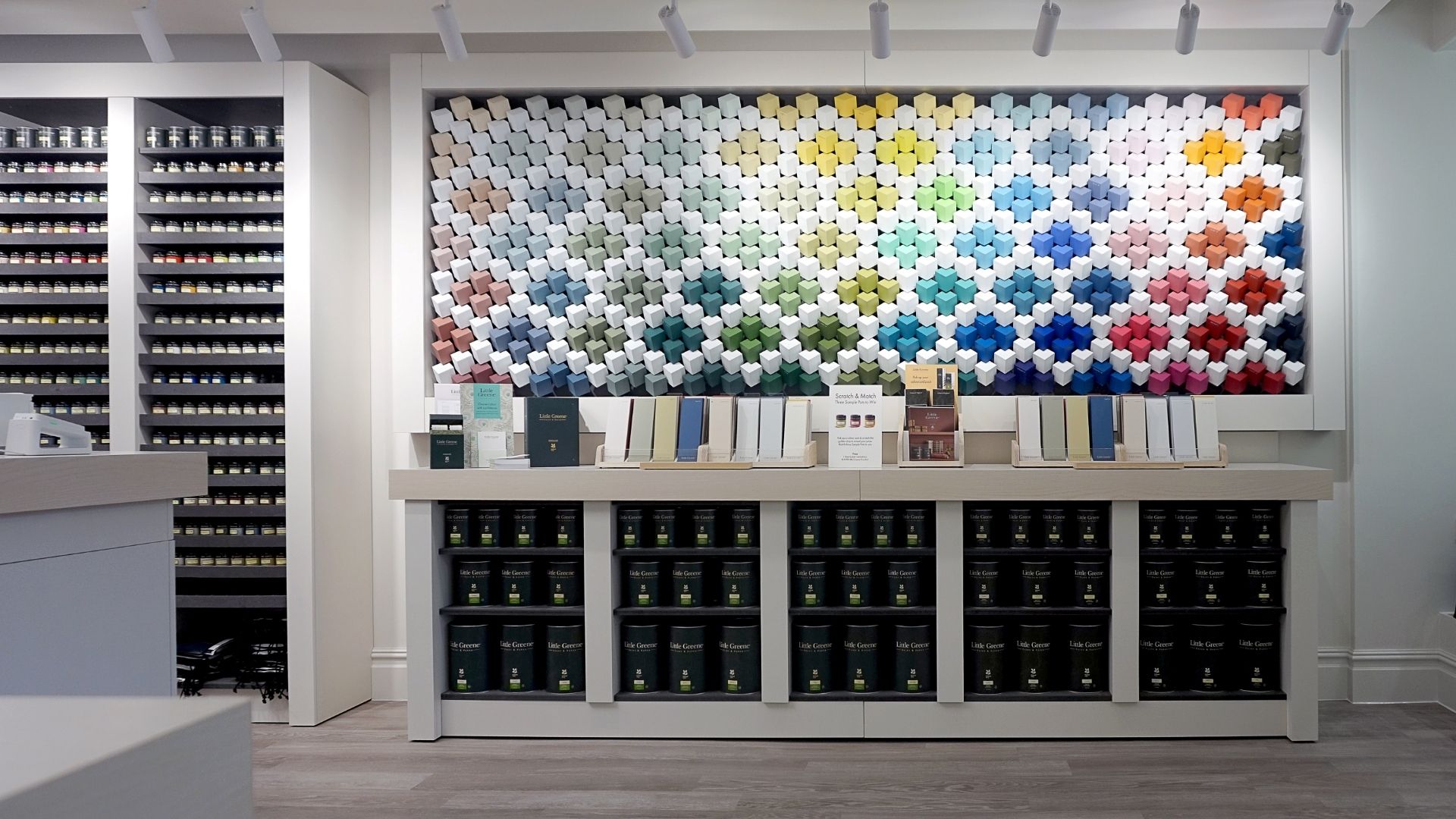 Paint showroom wall of 3D colour samples and swatches