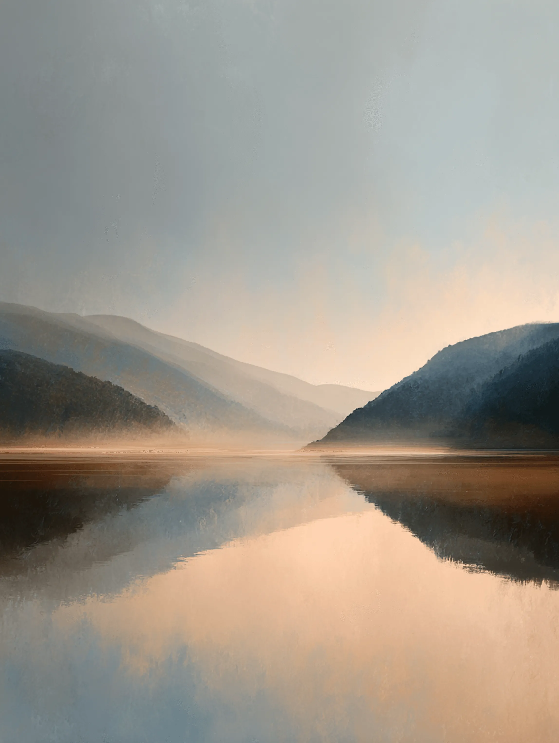 Serene lake reflecting misty mountains under a soft pastel sky at sunrise or sunset.