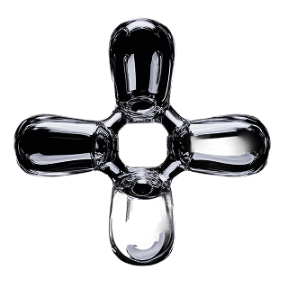 Transparent glass cross with rounded edges on a black background.