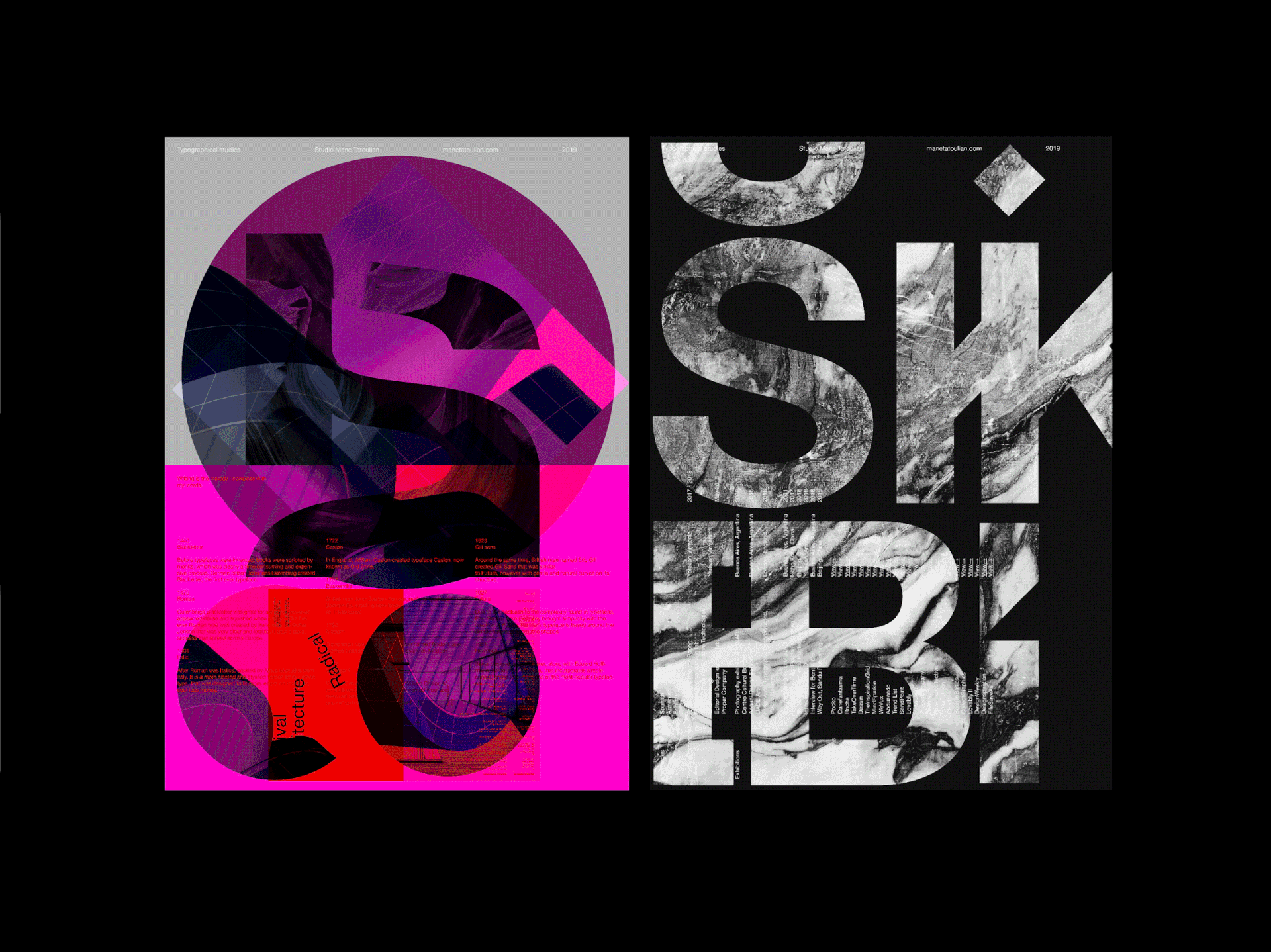 Animated collage featuring bold, abstract typography with layered textures in purple, pink, red, black, and white on a split background.