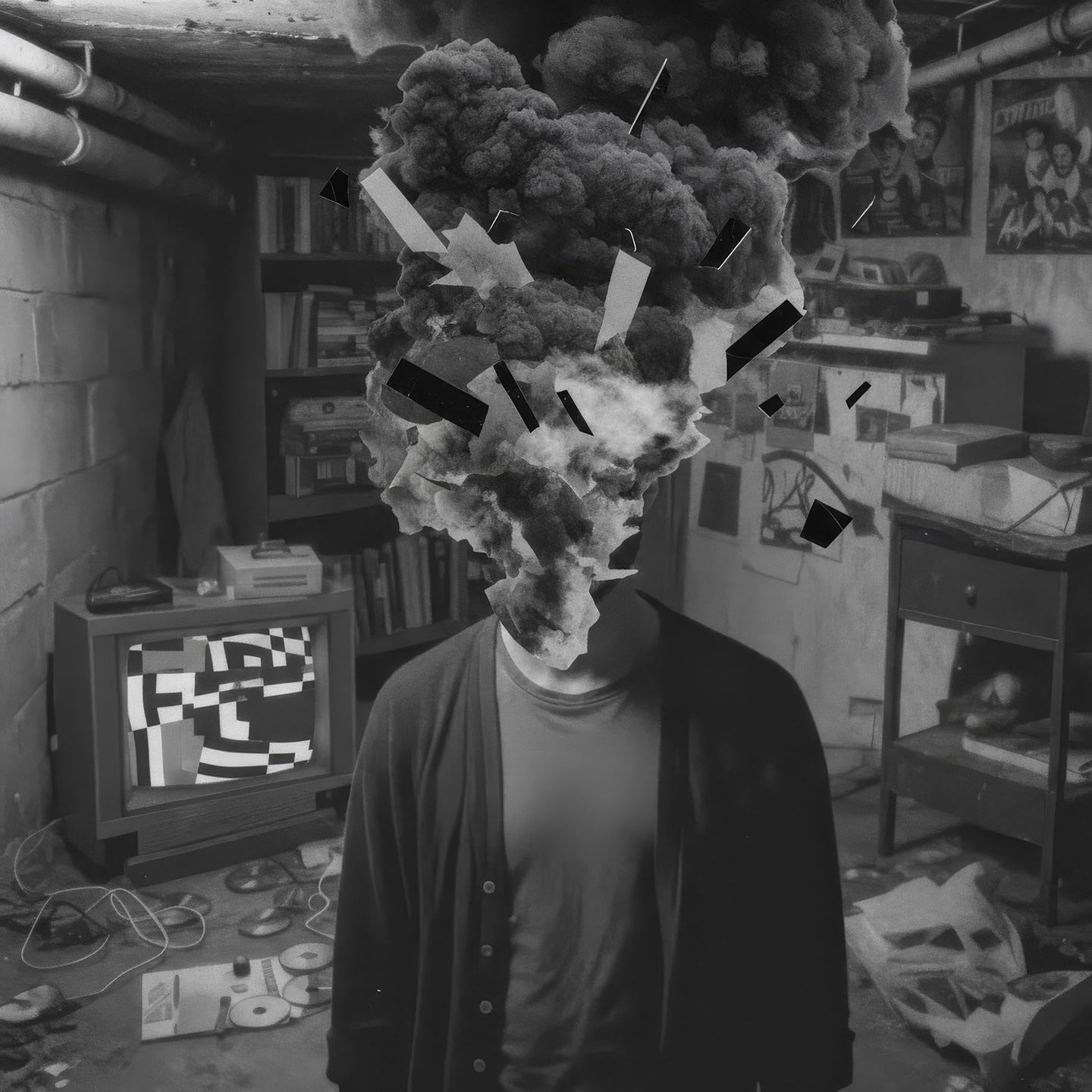 Person standing in a cluttered basement room with an explosion of smoke and fragments replacing their head.