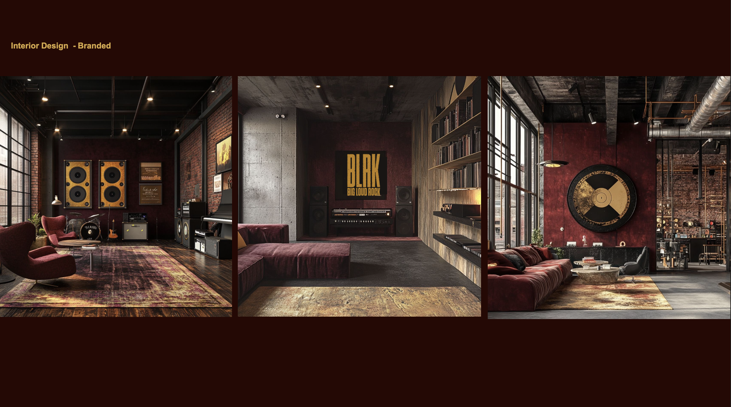 Three industrial-style interior designs featuring dark red walls, vintage musical equipment, large windows, and cozy seating in music-themed rooms.