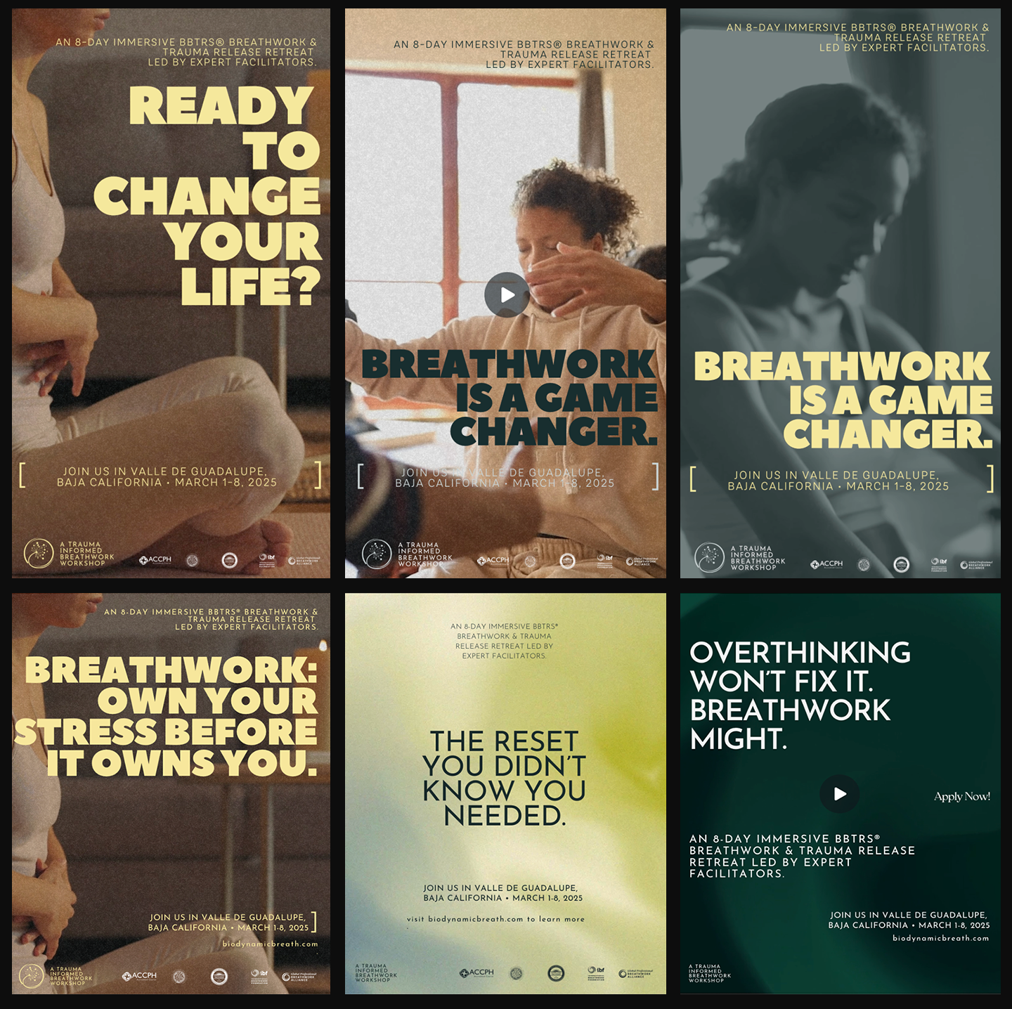 Collage of six posters promoting an 8-day immersive BBTRS® breathwork and trauma release retreat in Valle de Guadalupe, Baja California, March 1-8, 2025, featuring phrases like 'Ready to change your life?', 'Breathwork is a game changer,' 'Own your stress before it owns you,' 'The reset you didn’t know you needed,' and 'Overthinking won’t fix it, breathwork might.'