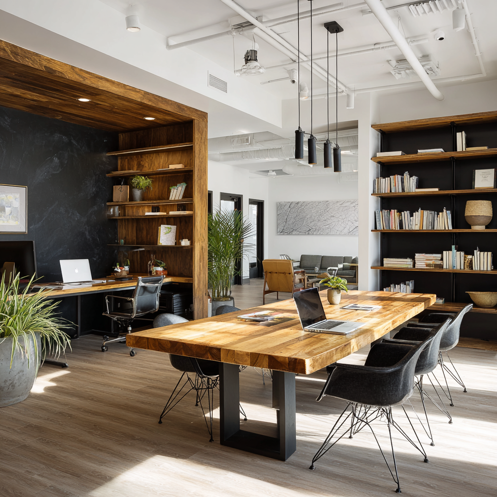 Modern office space with a large wooden table surrounded by black chairs, a laptop on the table, wooden bookshelves, and natural light.