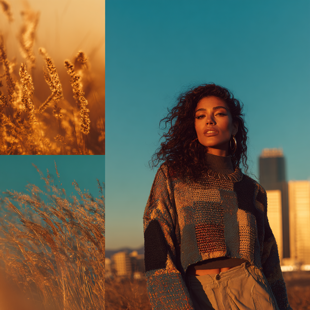 Young woman with curly hair wearing a patchwork sweater stands outdoors at sunset with city buildings in the background, alongside close-ups of golden dry grass.