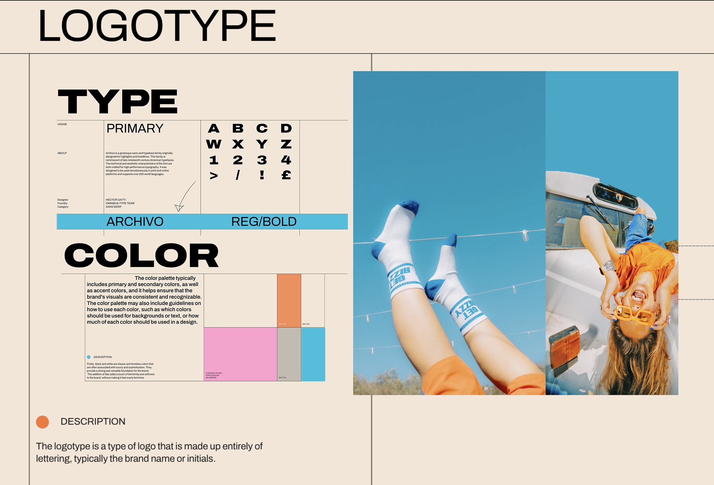 Graphic explaining logotype design with font samples, color palette, and a photo of a person lying on a vehicle with legs raised against blue sky.