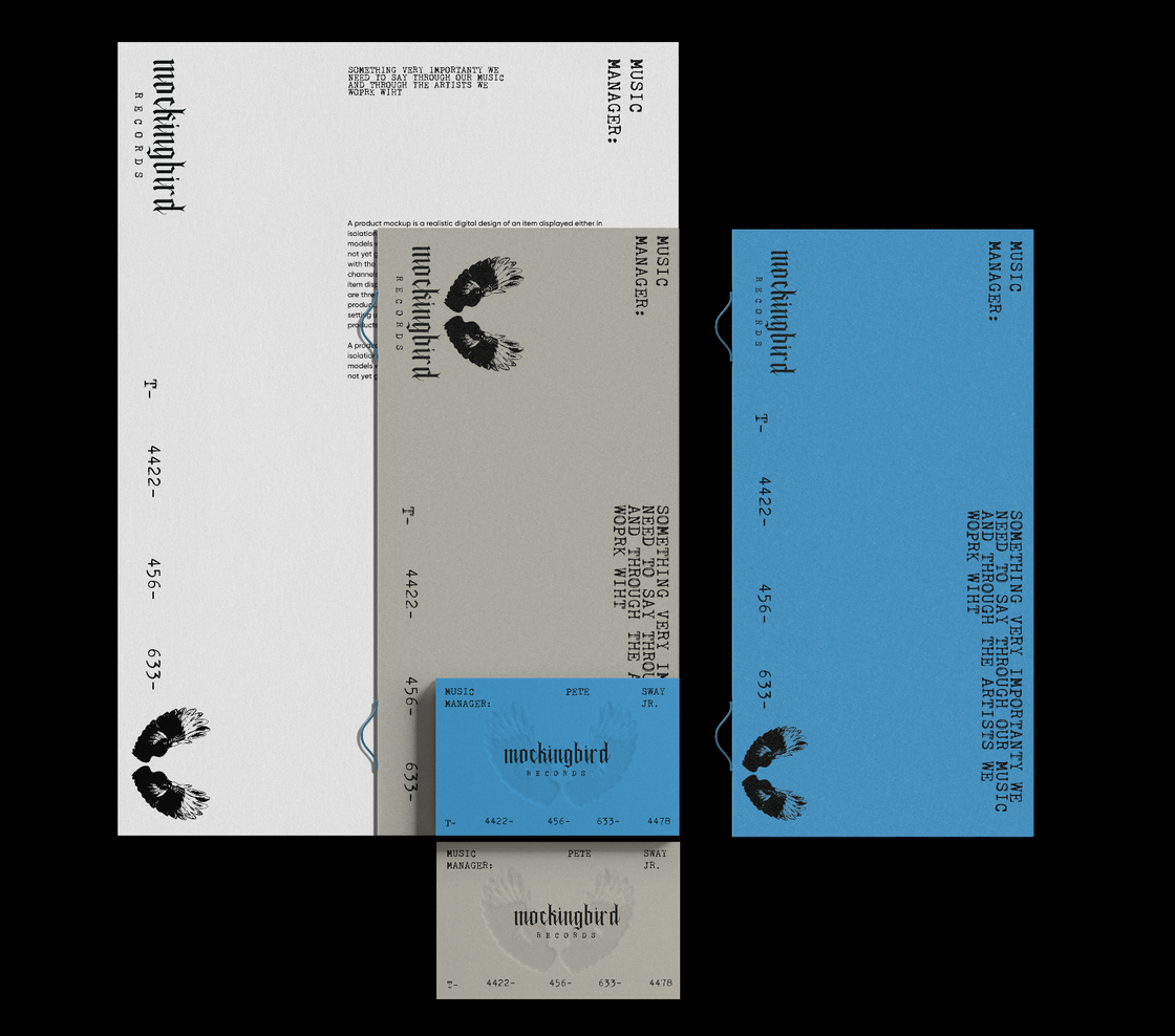 Mockingbird Records branding featuring envelopes and business cards in gray and blue with text about music manager contact information and a winged logo.