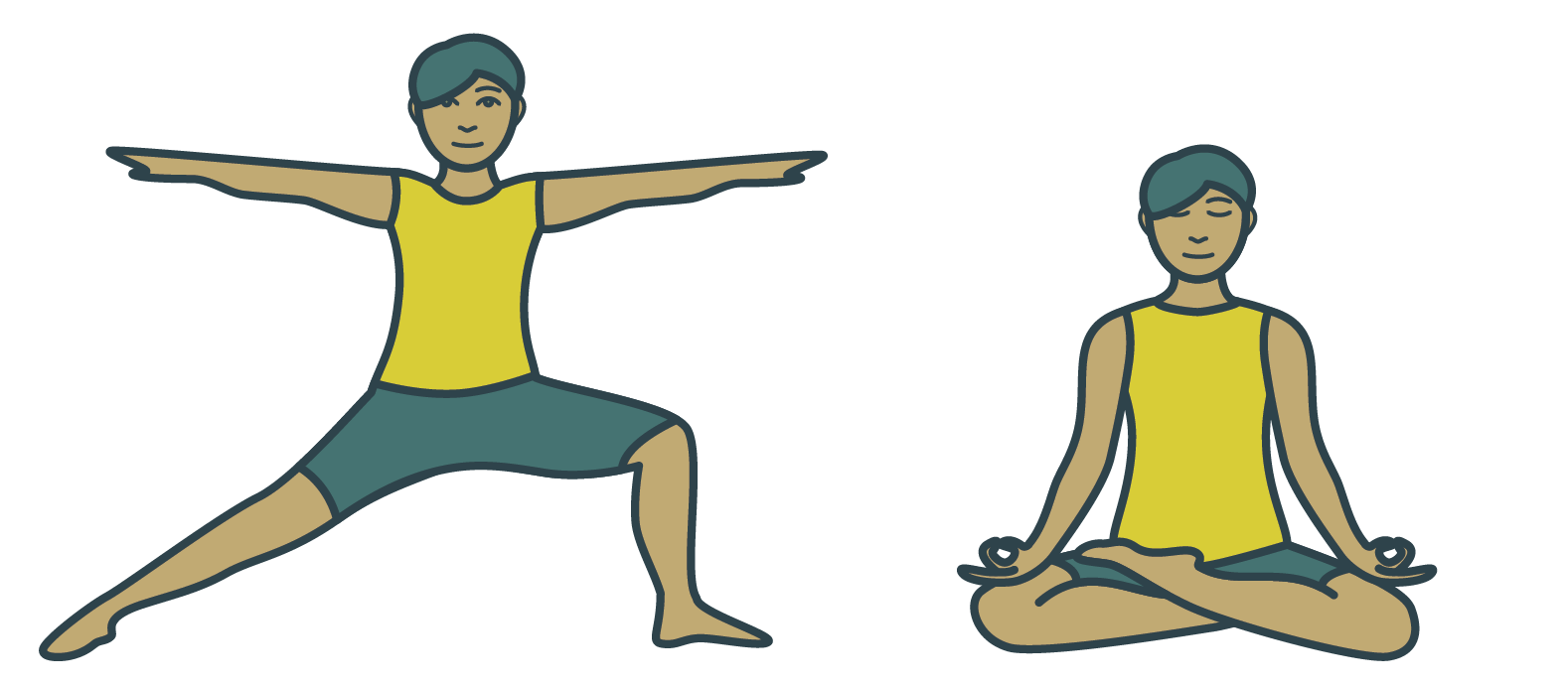 Illustration of one person doing warrior pose and another in lotus position