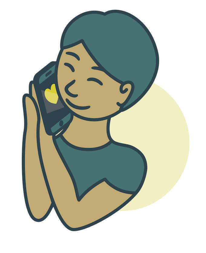 A person rubbing their new iPhone on their cheek in adoration, the phone displays a heart on the screen and loves them back