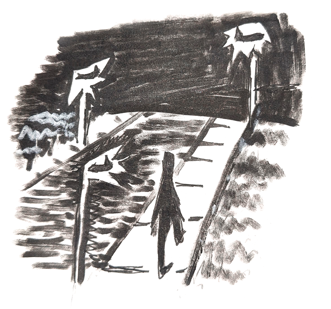 Figure walking down a sidewalk at night