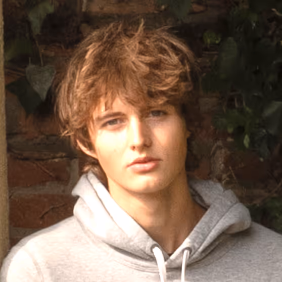 Young man with tousled brown hair wearing a grey hoodie standing against a brick wall with green leaves.