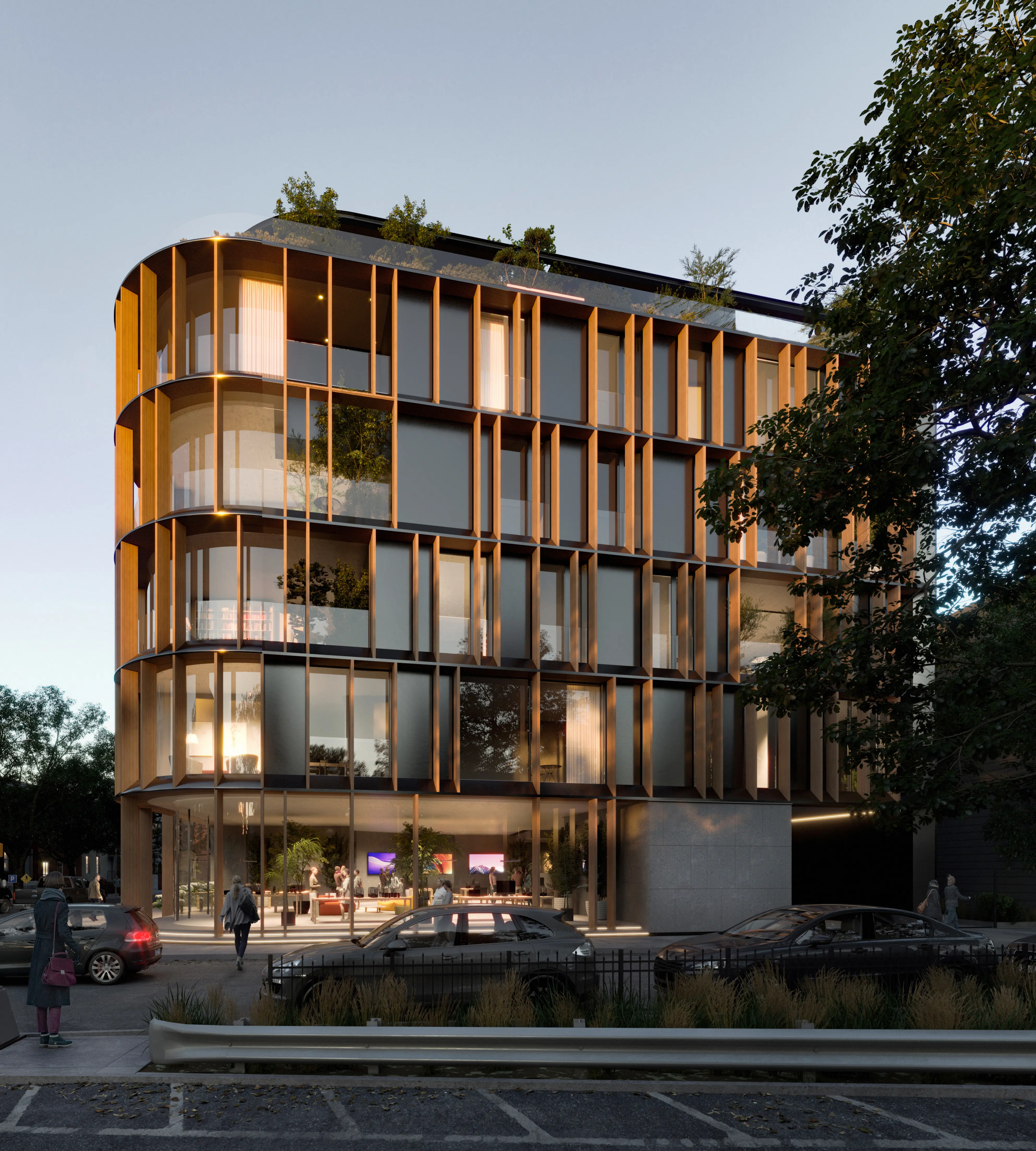 A close-up of a modern architectural staircase with curved railings and beige concrete, against a clear blue sky.