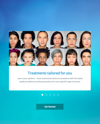 Diverse group of twelve people’s faces representing inclusivity above text about tailored cancer treatments with a Get Started button below.