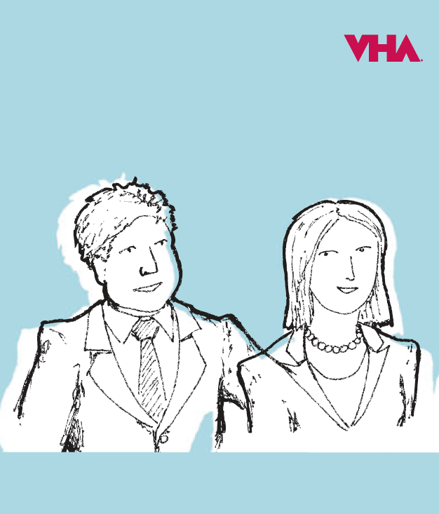 Sketch-style illustration of a man and a woman in business attire with the VHA logo in the top right corner against a blue background.