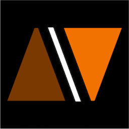 Logo with two large triangles facing each other, one brown on the left and one orange on the right, separated by two vertical stripes, white and black.
