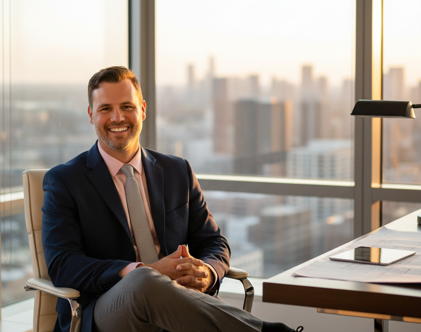 Smiling man in a navy suit and light pink shirt sitting cross-legged in an office chair by a window overlooking a cityscape at sunset.