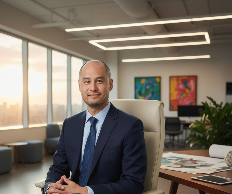 A confident man in a navy blue suit sitting in an office chair with a modern office background including a large window, colorful paintings, and a desk with documents and a tablet.