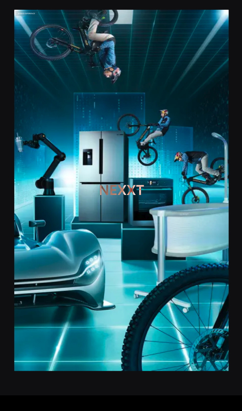 Futuristic scene with a silver sports car, robotic arm, refrigerator, oven, and three cyclists performing stunts in a high-tech room with blue lighting.