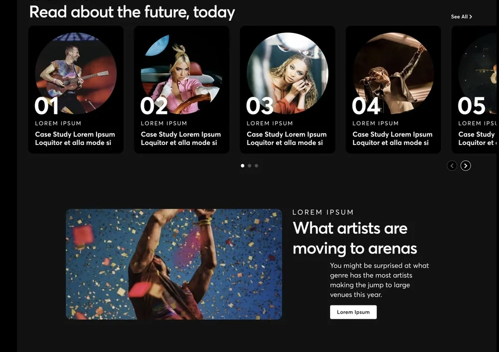 Website section titled 'Read about the future, today' showing a carousel of five circular artist images numbered 01 to 05 with placeholder text, and below it a rectangular image of a person celebrating with confetti, next to text about artists moving to arenas.