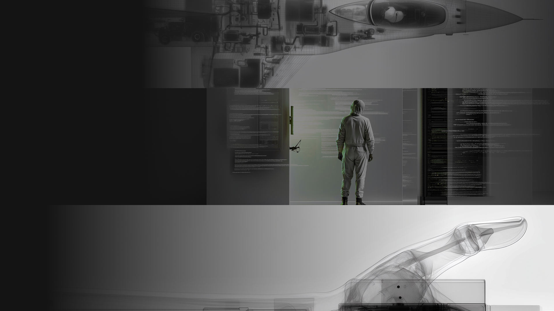 Person in a hooded suit standing with back to the viewer facing digital code and data visualizations, overlaying X-ray images of a fighter jet at top and a robotic hand at bottom.