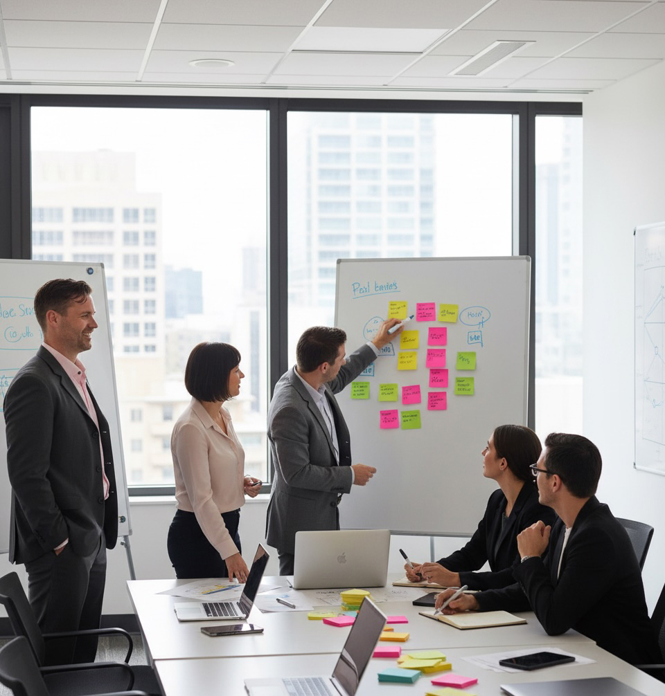 Five business professionals in a meeting room brainstorming with sticky notes on a whiteboard near large windows showing city buildings.