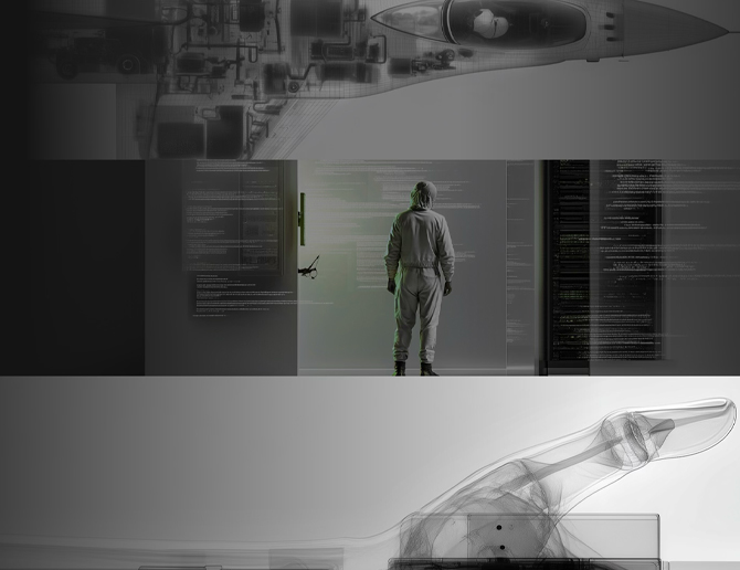 Person in a protective suit standing in front of large transparent screens displaying complex digital code, flanked by x-ray views of a jet fighter and a mechanical arm.