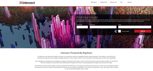 Website homepage for Intersect powered by Raytheon, featuring a colorful 3D bar graph background with a sign-up form titled 'Find Your Insight' requesting first name, last name, and email.