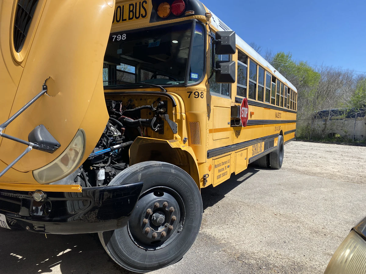 Bus under repair in repair shop in Seguin, TX
