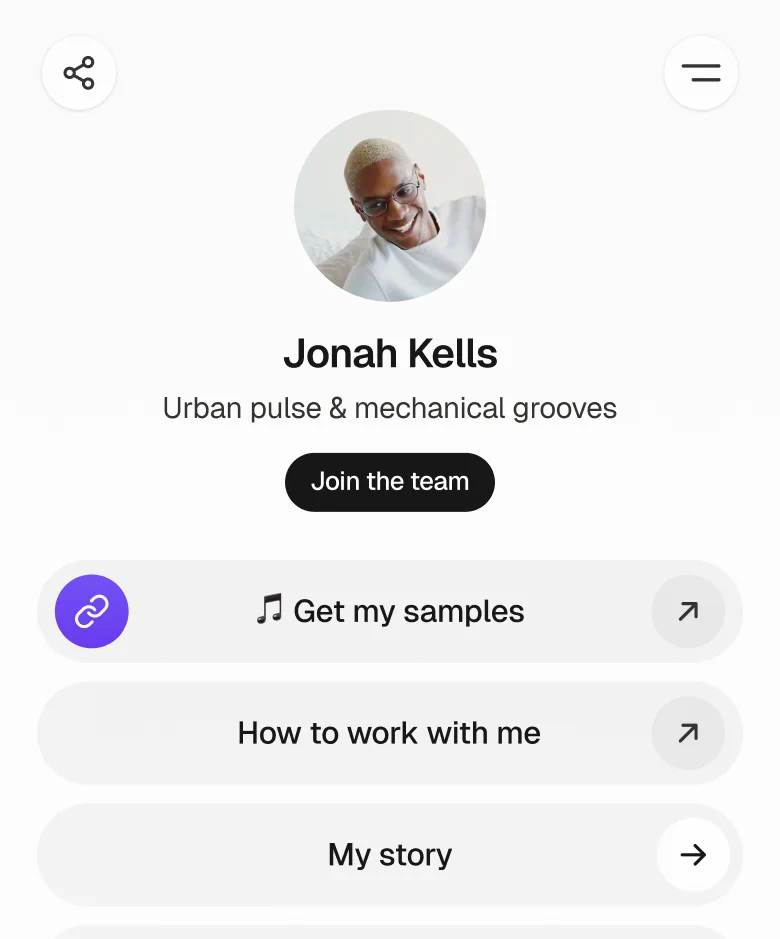 Profile of Jonah Kells with short blonde hair and glasses, showcasing links to music samples, collaboration info, and personal story.