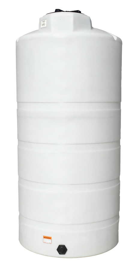 Tall cylindrical white plastic water storage tank with a top lid and bottom valve.