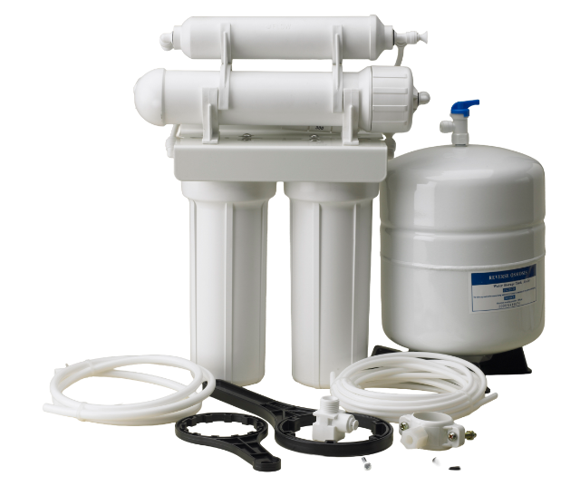 White reverse osmosis water filtration system with filters, tank, tubing, and installation tools.