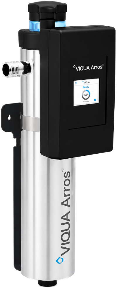VIQUA Arros water purification system featuring a stainless steel cylindrical body and a black rectangular control unit with a digital display showing readiness and 100% UV intensity.