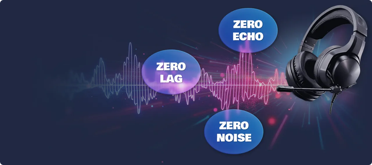 Gaming headset with colorful sound waves and labels showing zero lag zero echo and zero noise voice chat