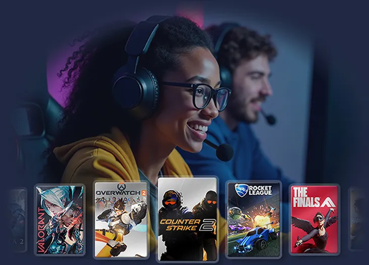 Smiling gamer with headset above a row of popular game cover cards representing arena tournaments