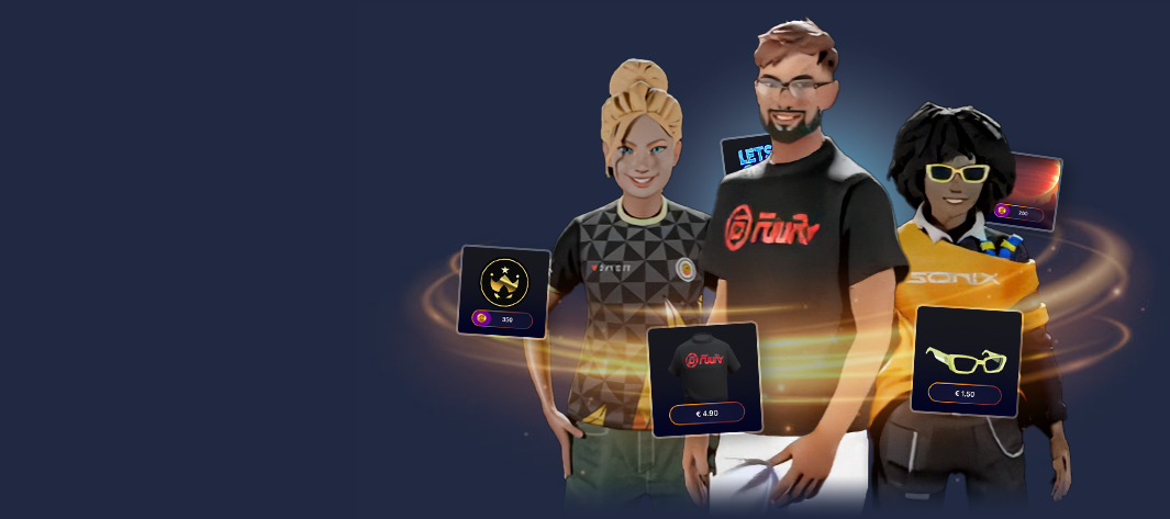 Sonix app promotion showing three stylized 3D avatars with overlayed boxes displaying items like skins and a feature list for personalized avatars.