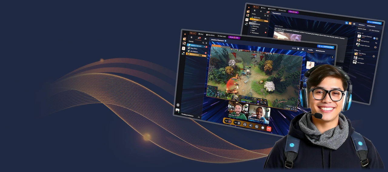 Sonix app voice chat advertisement featuring a gamer wearing headphones in front of two game interface screenshots.