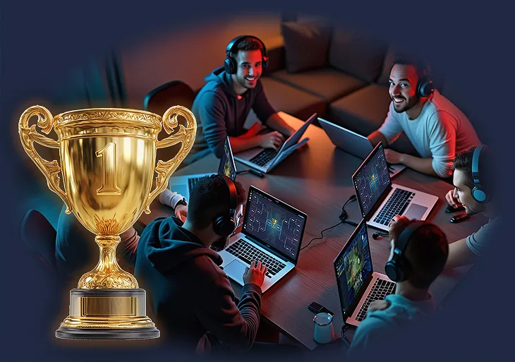Sonix "Arena" promotion showing five gamers with headsets around a table, with a large golden trophy prominent in the foreground