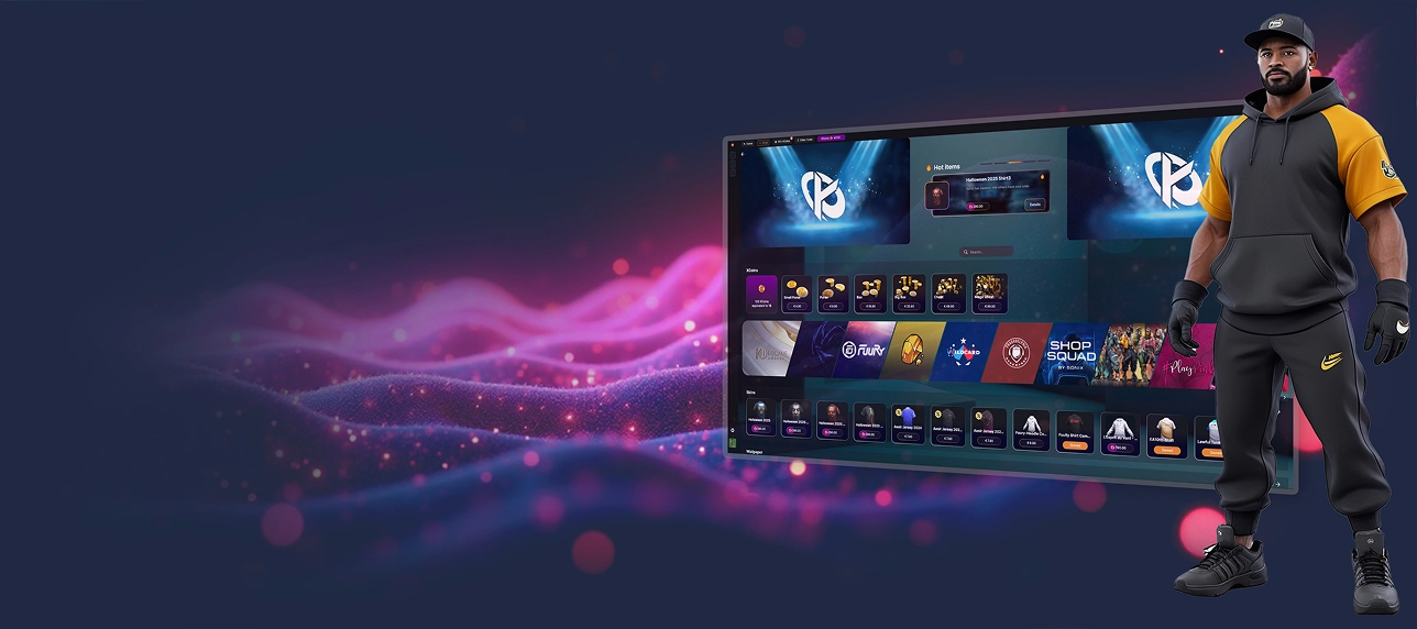 Реклама приложения Sonix для функции рынка, показывающая 3D-аватар в фирменной одежде, стоящий рядом с экраном, отображающим различные скины и опции кастомизации.