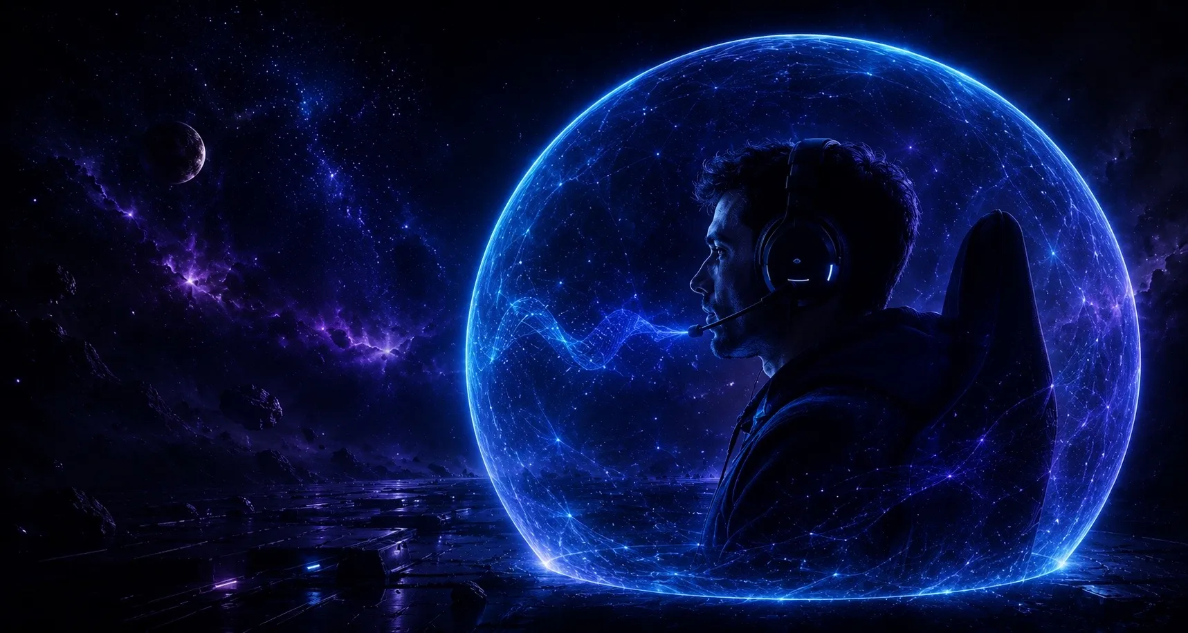 SONIX hero banner featuring a gamer silhouetted against a glowing blue network sphere, promoting zero-lag voice chat