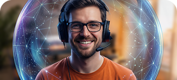 A smiling gamer wearing a headset backed by a glowing digital network sphere.