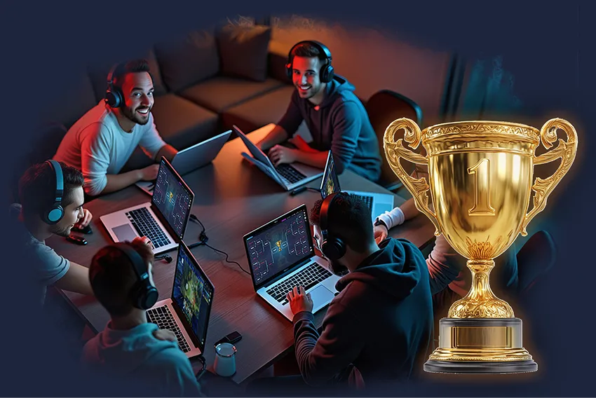 A group of friends gaming together on laptops around a table, featuring a large, glowing gold first-place trophy.