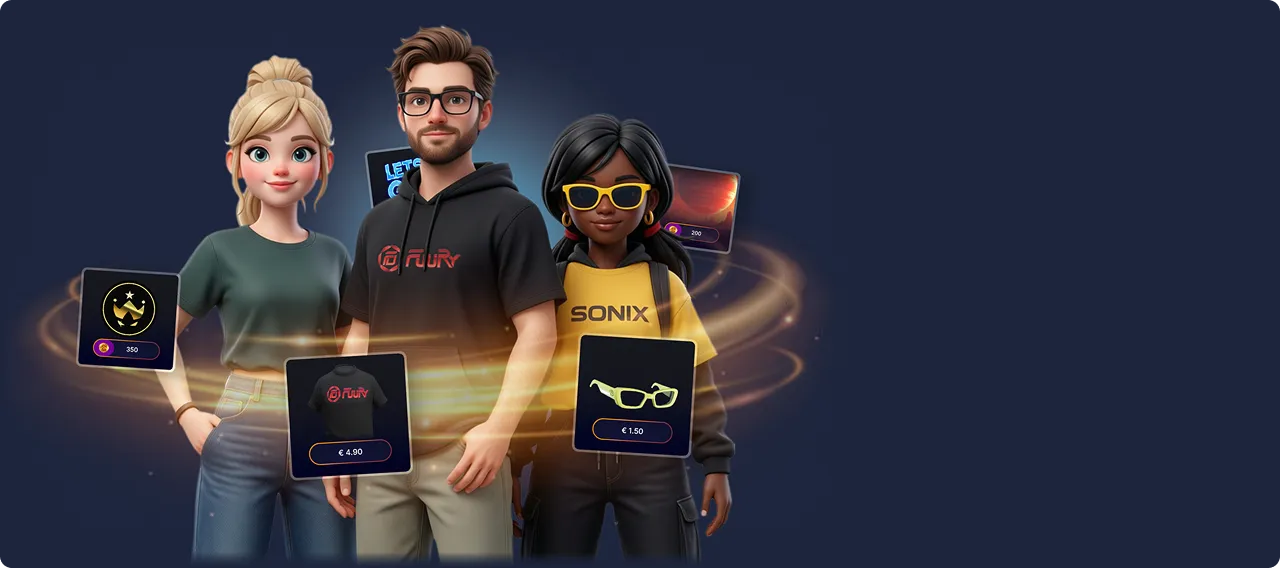 Three diverse 3D avatars standing together, surrounded by floating, glowing digital merchandise.