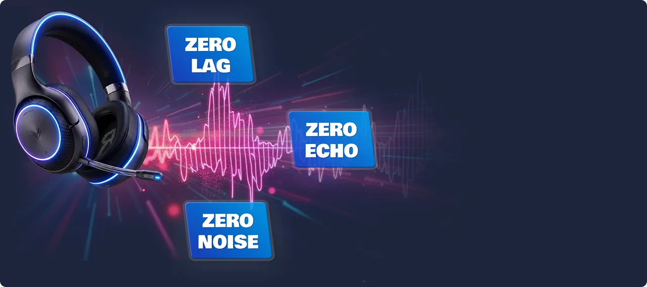 A glowing gaming headset over a pink soundwave, featuring floating badges for zero lag, zero echo, and zero noise.
