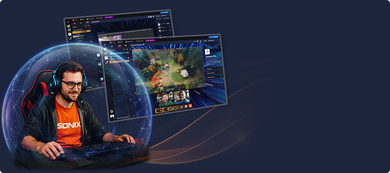 A smiling gamer at a desk using the SONIX desktop app, with overlapping screens showing gameplay and video chat.