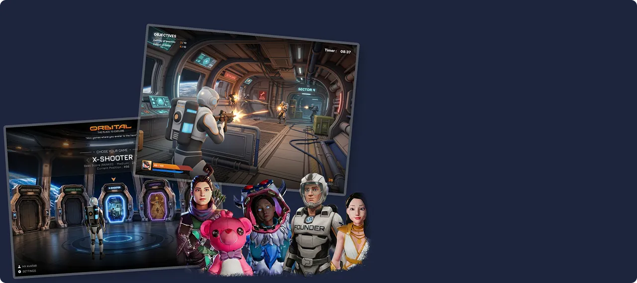 Overlapping screens showing a sci-fi shooter game and a futuristic portal lobby, featuring a diverse group of colorful 3D avatars.