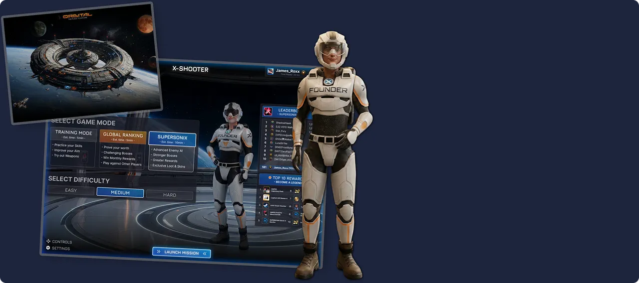 A 3D space marine avatar standing in front of a game menu interface and a large ring-shaped space station orbiting a planet.